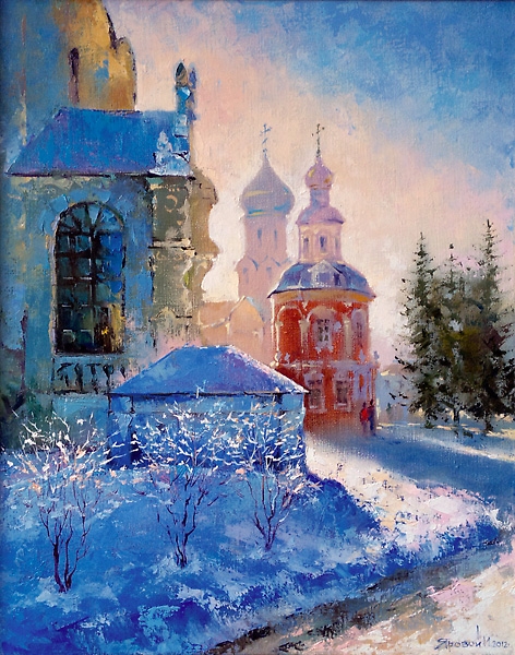 Зимний пейзаж с храмом